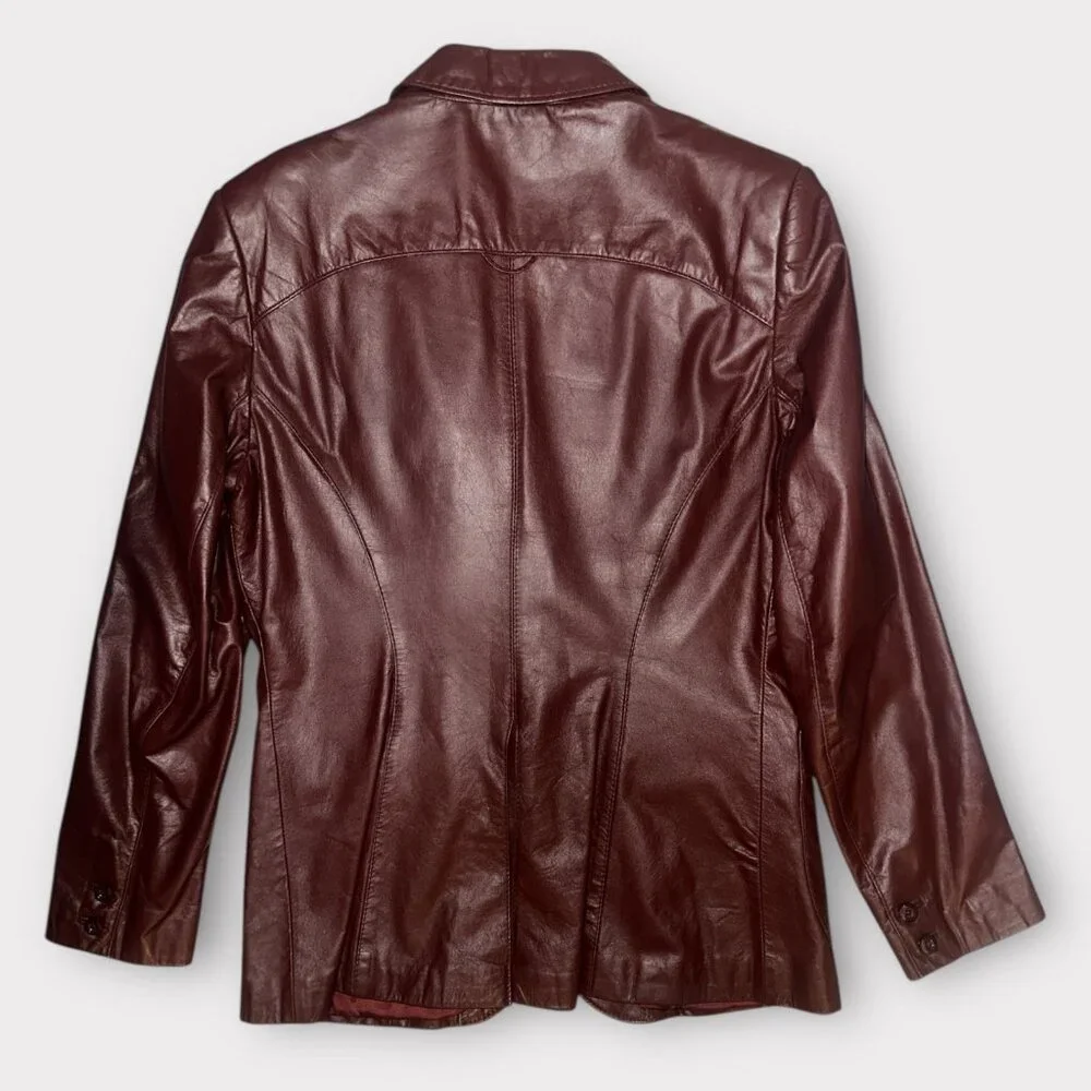 VTG Etienne Aigner Blazer Women M-L Oxblood Leather Notch Collar Jacket 1980s - Picture 9 of 12